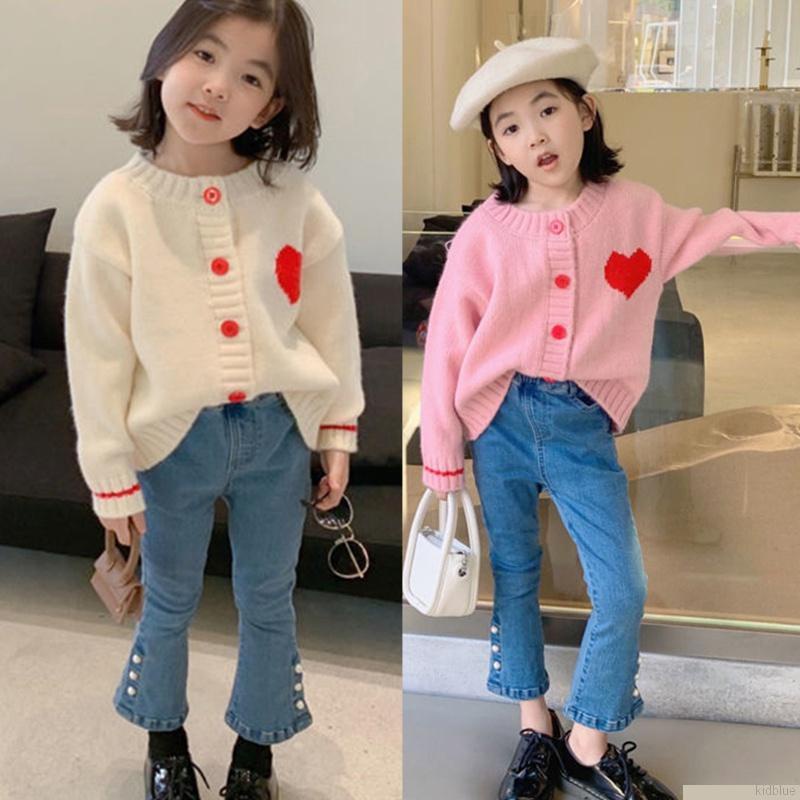 Áo khoác cardigan dệt kim tay dài cổ tròn cài nút họa tiết trái tim dễ thương cho bé gái