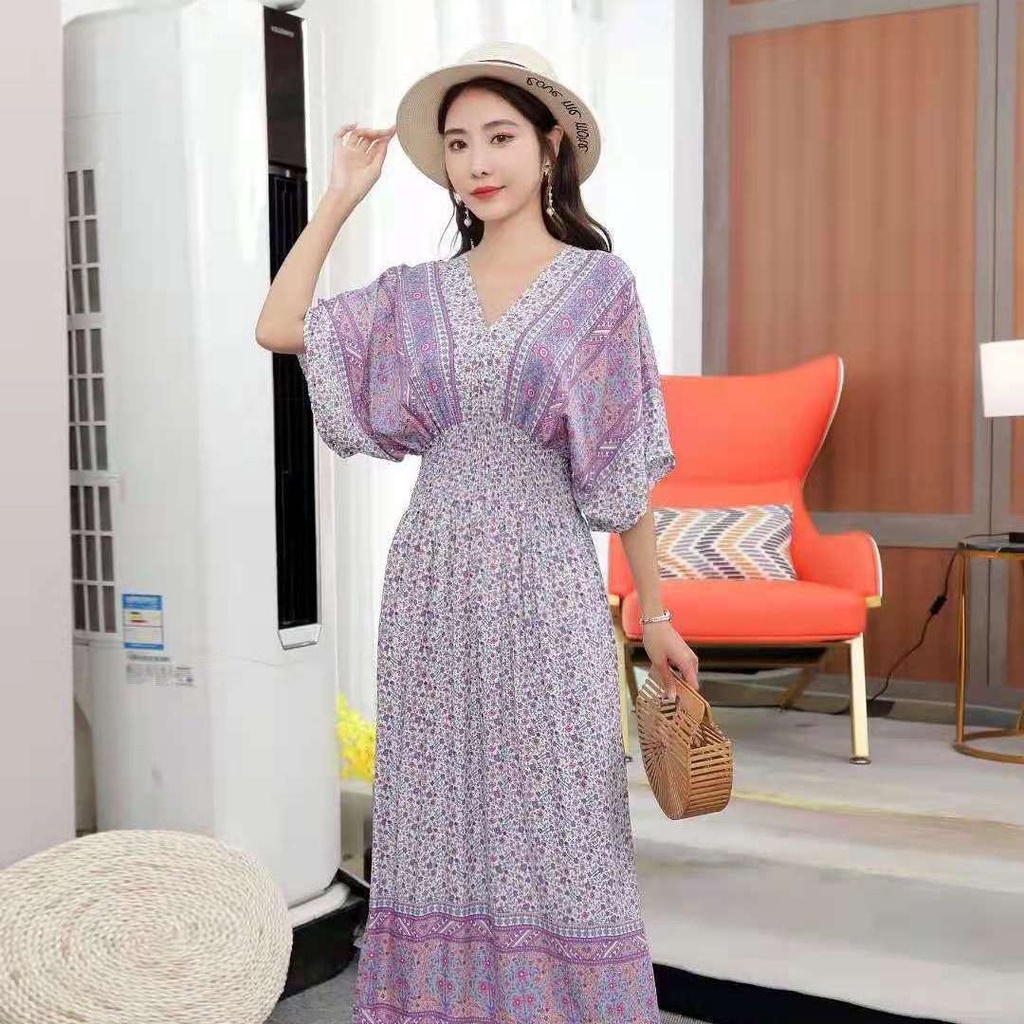Đầm Cotton Lụa Hoa Tay Ngắn Cổ Chữ v Thời Trang Dành Cho Nữ