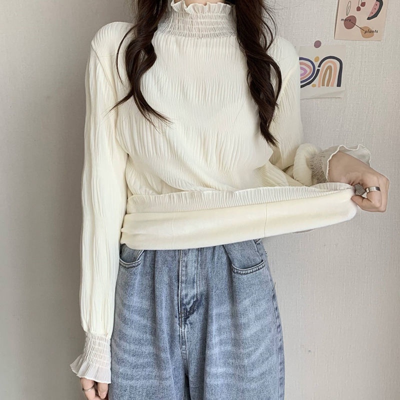 Mới Áo Sơ Mi Chiffon Cổ Cao Phối Ren Lưới Thời Trang