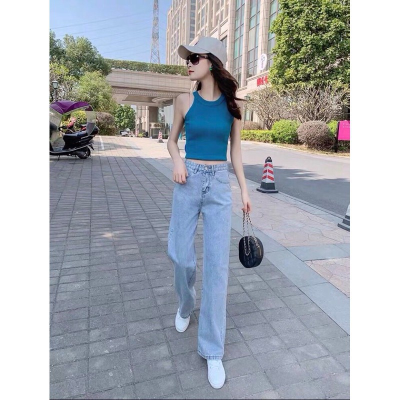 Quần jean bò ống rộng quần jean bò ống suông jeans nữ cạp cao hot 2021