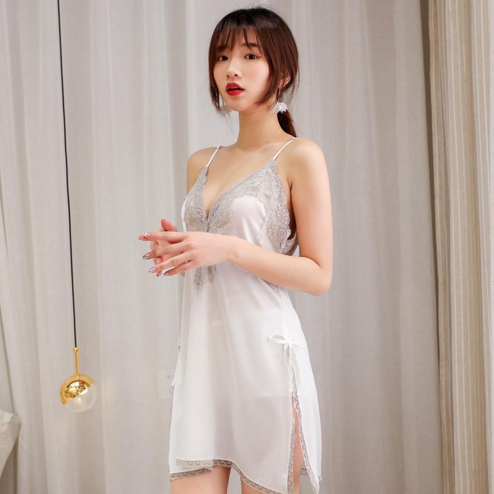 Váy ngủ lụa ren ngực sexy đầm ngủ hai dây xẻ tà hàng nhập cao cấp màu trắng  ྇