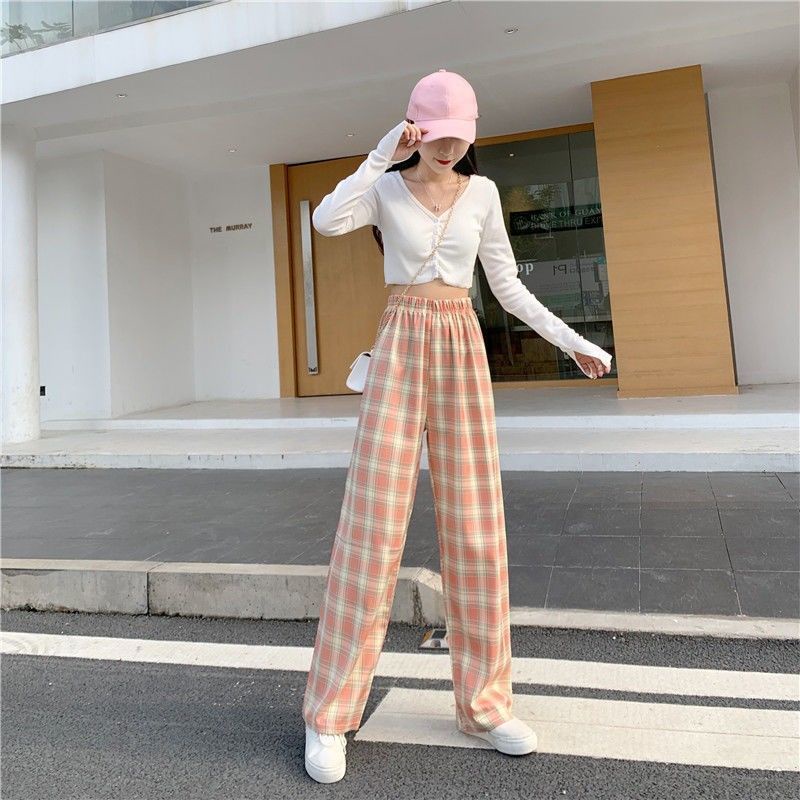 Plaid Wide Leg Pants Women Summer 2021 New High Waist Loose Straight Leg Pants Casual Pants