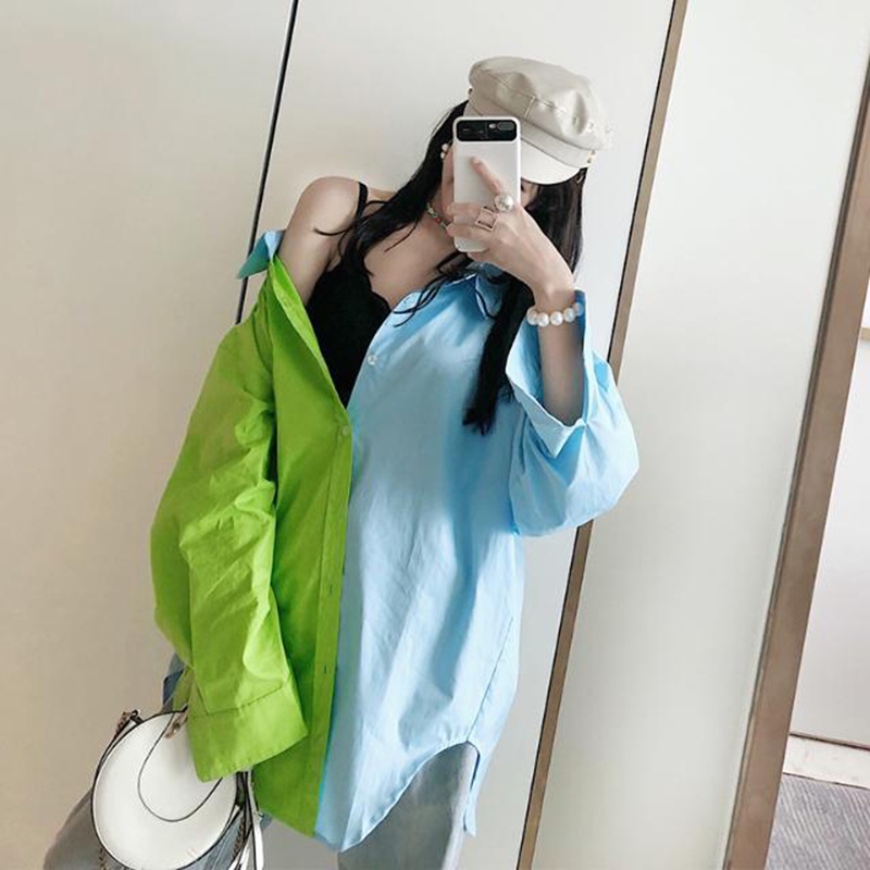 Áo sơ mi IELGY tay dài dáng rộng màu xanh dương + xanh lá tương phản dành cho nữ