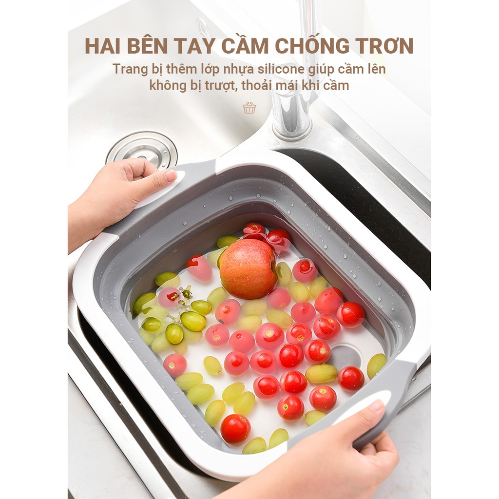 Thau chậu kèm thớt 2 trong 1, có thể gập lại làm tấm thớt, mở rộng ra sẽ thành thau chậu rửa rau quả, chất liệu cao cấp