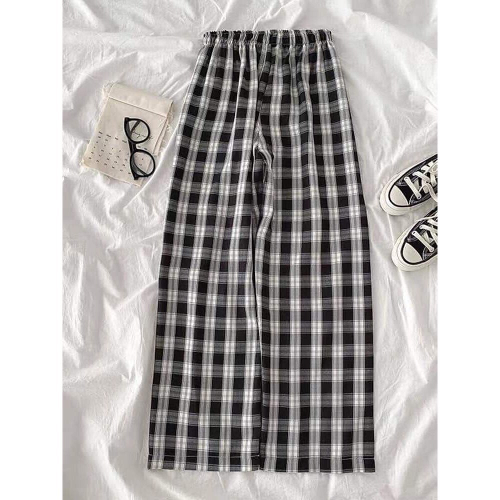 Quần kẻ caro giả cúc lưng thun cạp cao ống suông tôn dáng | BigBuy360 - bigbuy360.vn