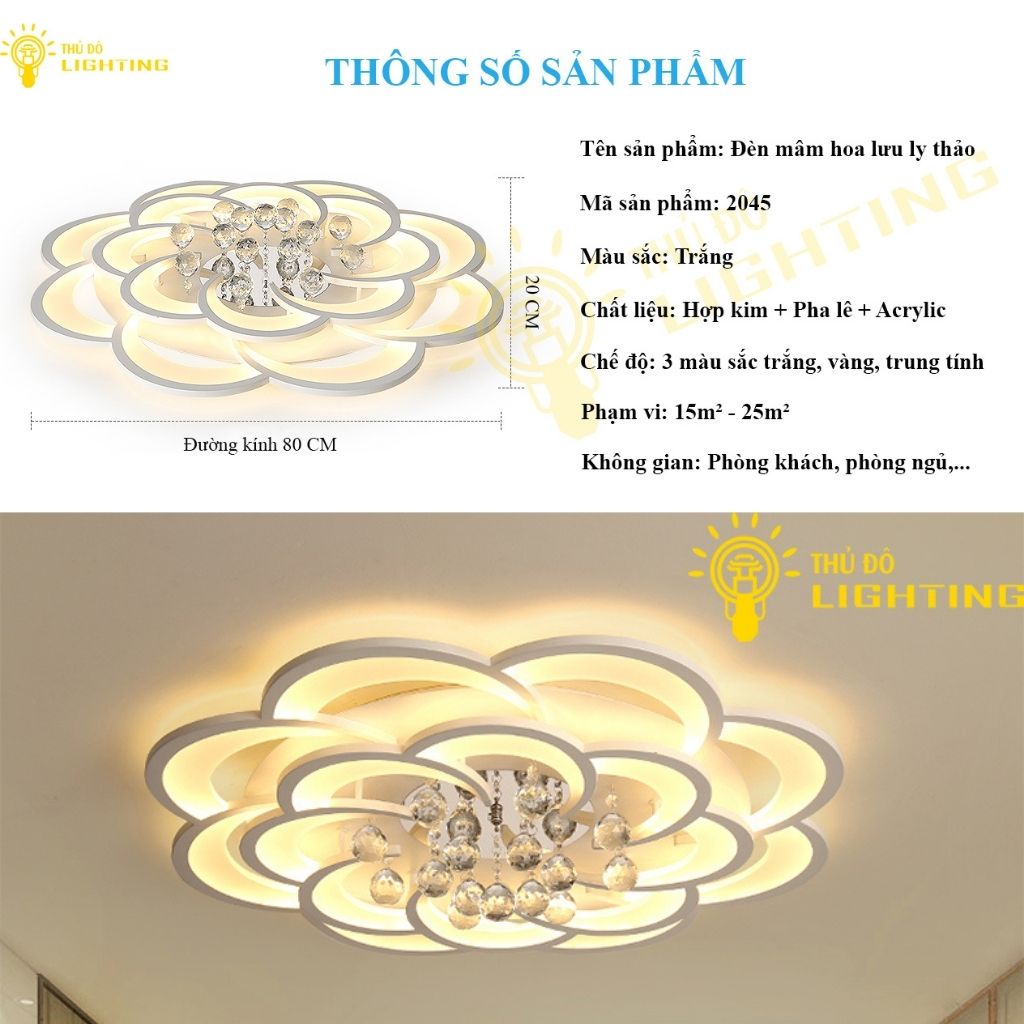 Đèn Ốp Trần Phòng Khách Lưu Ly Thảo THỦ ĐÔ LIGHTING Thiết Kế 2 Tầng Cánh Hoa So Le Kèm Viên Thả Pha Lê 2045-8+8