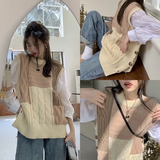 Áo gile len phối màu pastel cổ tròn hoạ tiết vặn thừng có khuy sườn mùa đông ấm áp cổ điển xinh xắn korean