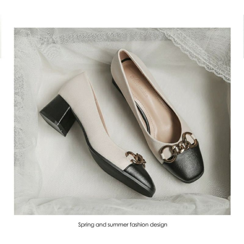 Giày công sở gót vuông vá mũi màu siêu đẹp da mềm gót vuông dễ đi