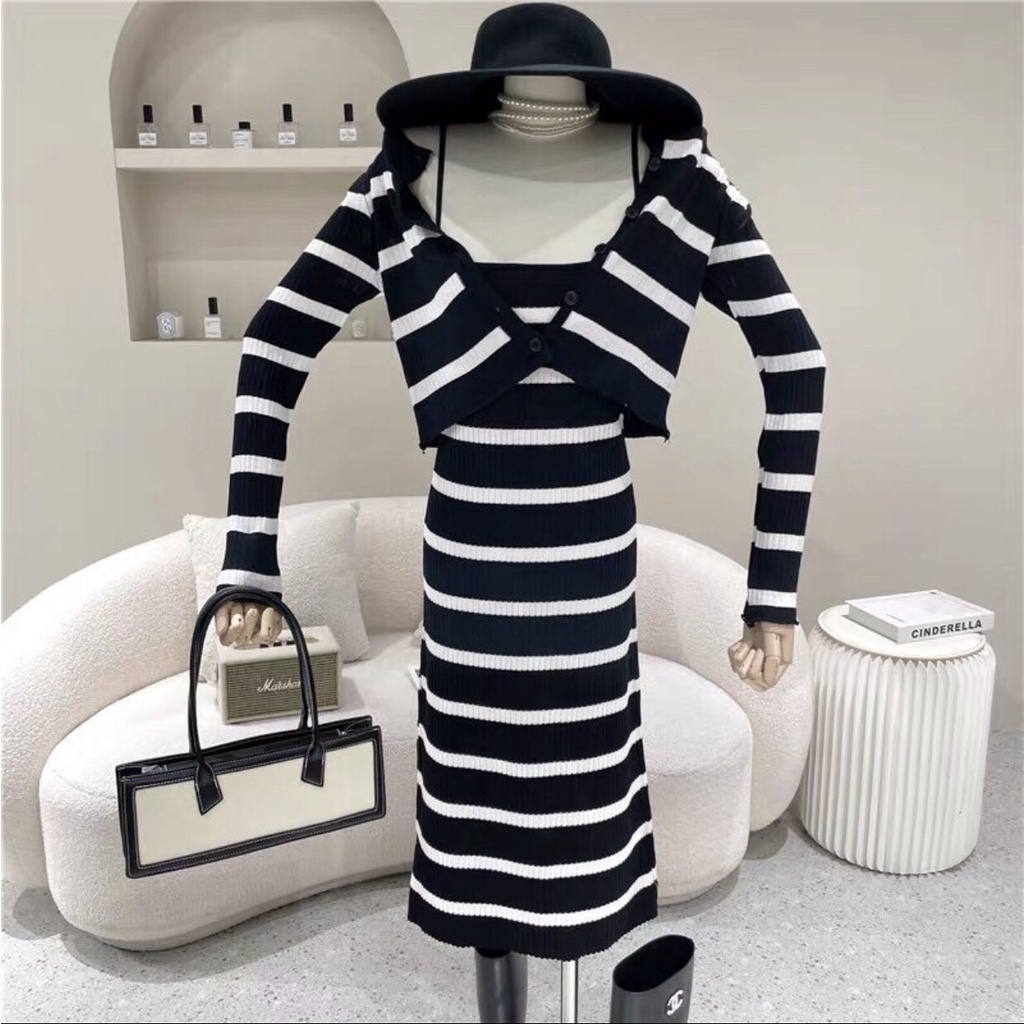 Sét váy 2 dây body len tăm kèm áo khoác cardigan hót nhất năm 2021, hàng quảng châu loại 1