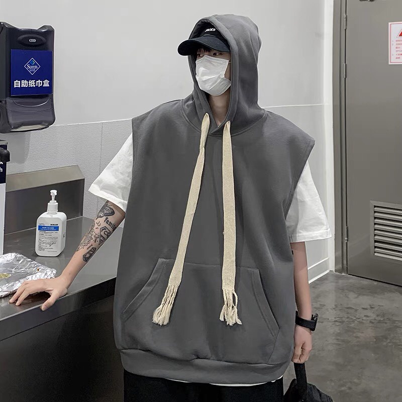 Áo Hoodie  form rộng trơn sát nách có mũ trùm đầu phối dây dài Áo HOODIE cổ tròn khồng tay nam nữ đều mặc mùa  thu đông