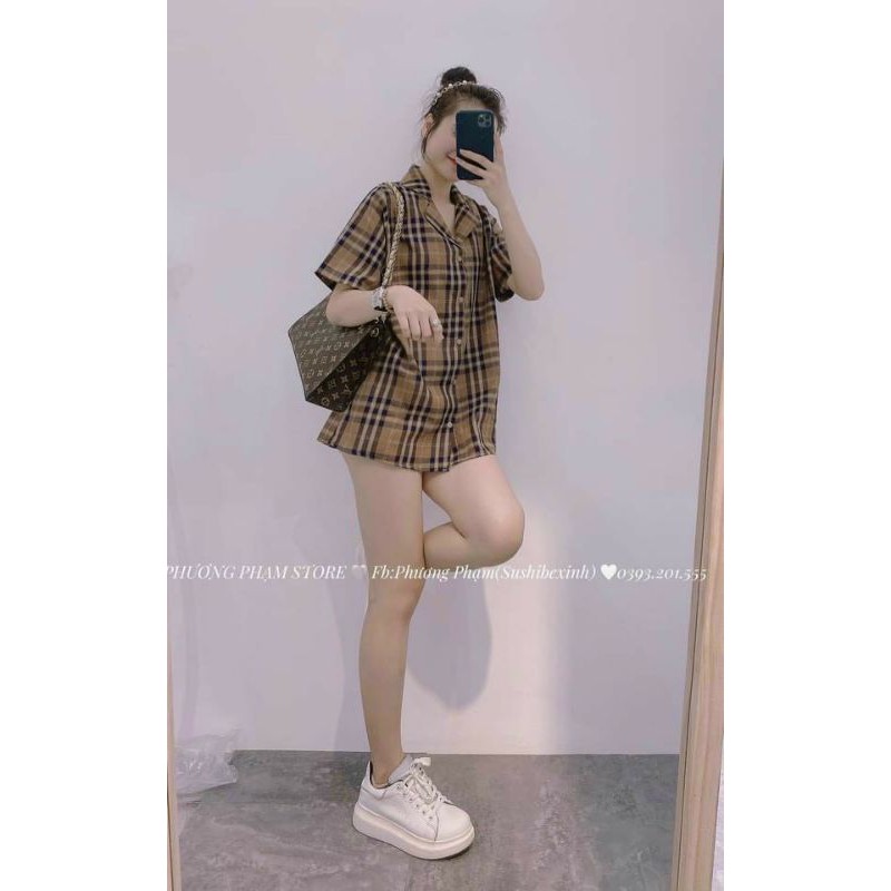 [Mã FAMARAL1 giảm 10K đơn 50K] Áo sơ mi kẻ cổ vest nâu hàng đẹp