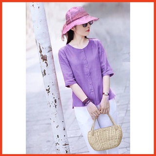 Bộ Đồ Nữ Trung Niên Áo Cúc Cài Quần Cạp Chun Ống Suông Thoáng Mát Chất Liệu Vải Linen