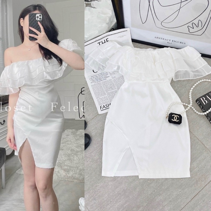 Đầm lụa trắng tơ bèo hở/bẹt/trễ/rớt vai trần, váy ngắn ôm body xẻ đùi sang trọng quyến rũ gợi cảm, đồ đi chơi dự tiệc