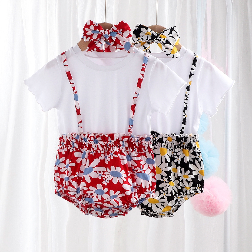 Bộ áo liền quần + băng đô in họa tiết hoa xinh xắn cho bé gái sơ sinh