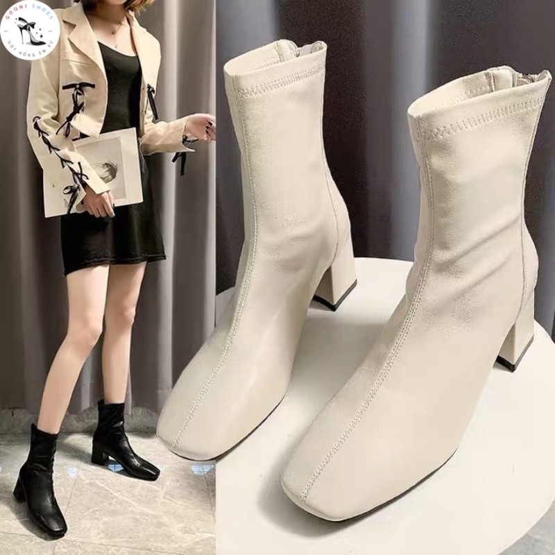 Giày bốt da mềm cổ cao, boot da trơn mũi vuông siêu đẹp hottrend thời trang dành cho nữ