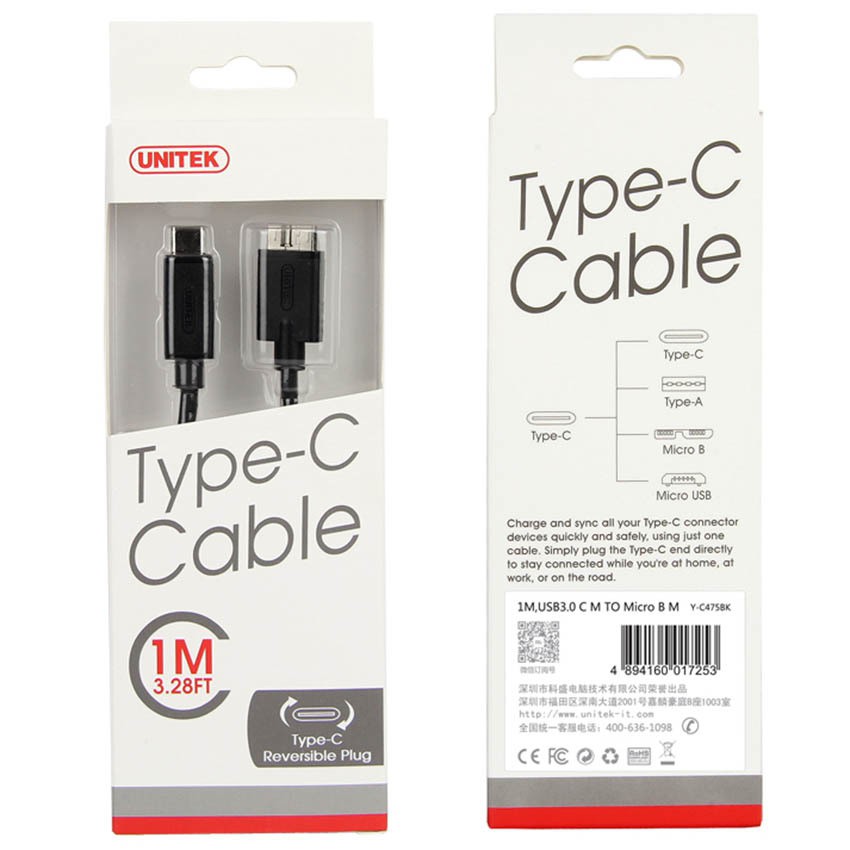 Cáp USB Type-C to Micro USB dài 1m chính hãng Unitek Y-C475BK cao cấp