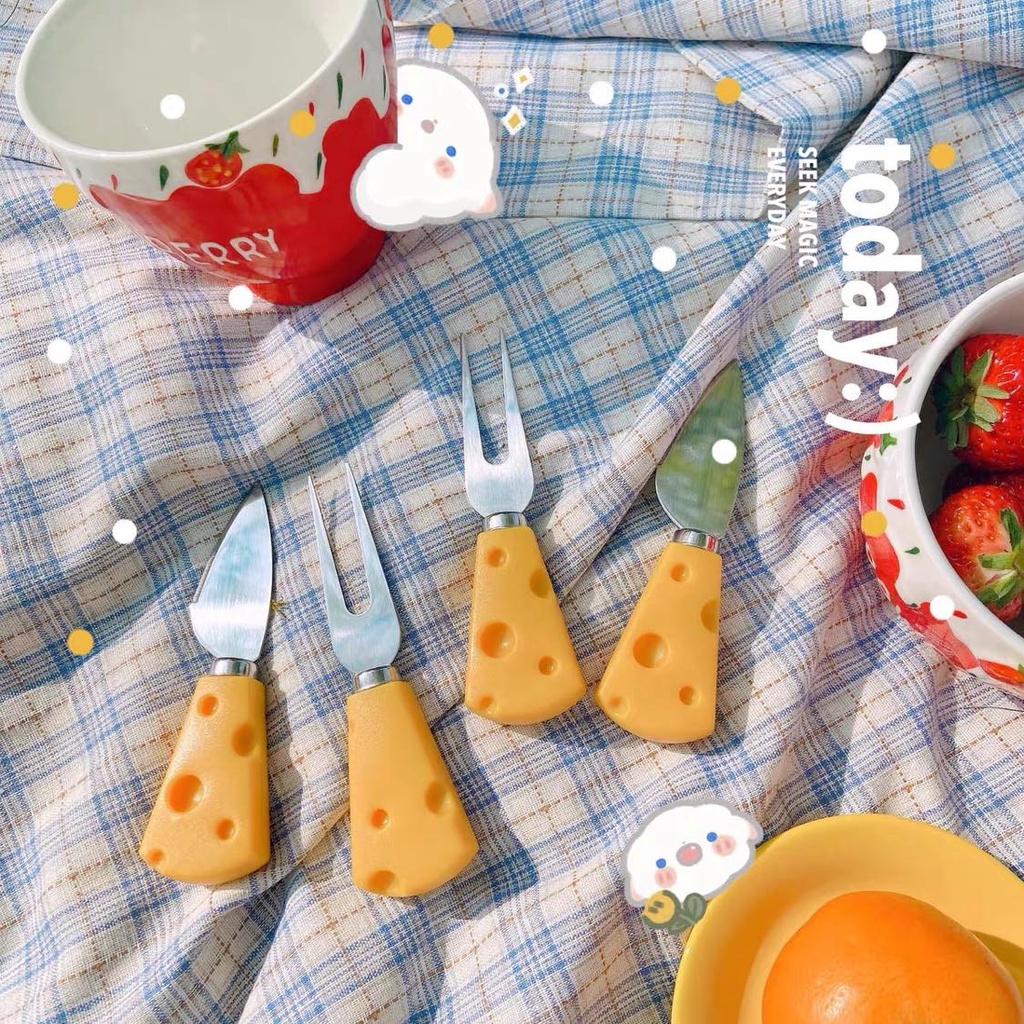 Dao, Nĩa và Muỗng Mini Hình Phô Mai Phụ Kiện Chụp Ảnh Trang Trí