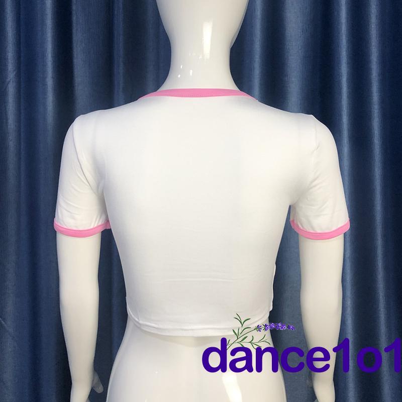 Áo Crop Top Tay Ngắn Cổ Tròn Ghép Vải In Hình Cho Nữ Khiêu Vũ1O1-Y2k
