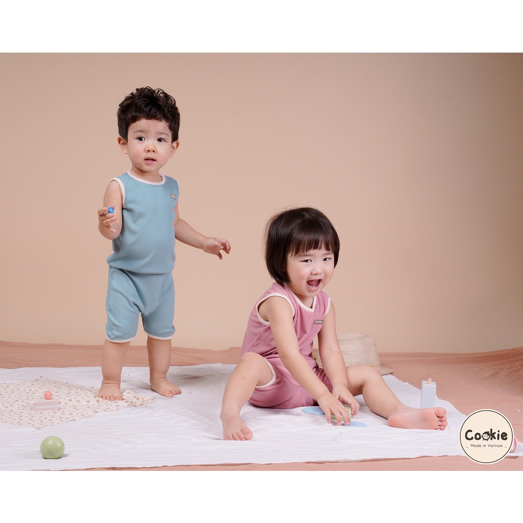 Bộ ba lỗ chui đầu quần cộc phối viền COOKIE cho bé - chất cotton tăm mềm mát