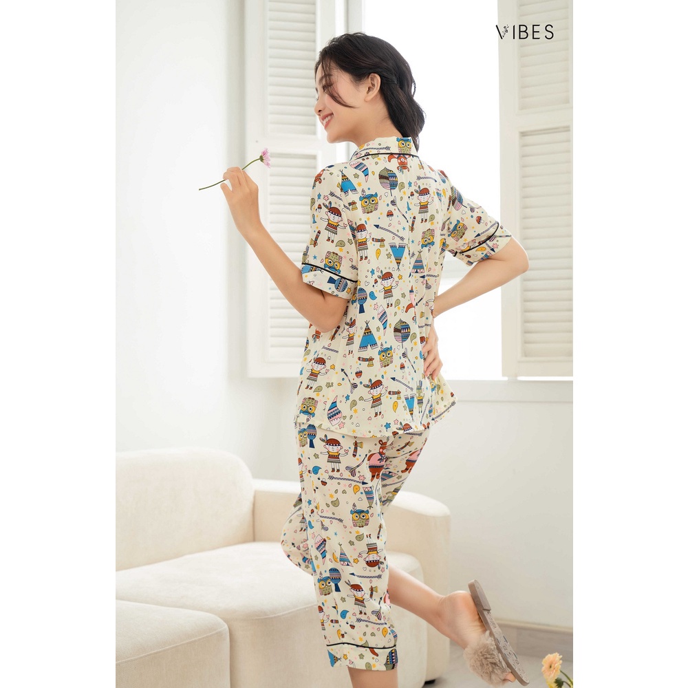 VIBES Bộ Pijama Lửng Mặc Nhà Owl Cream Capri Py Set