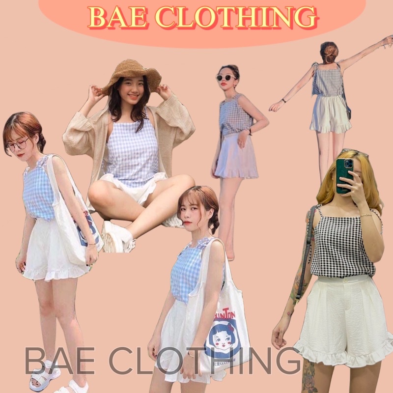 Set chân váy trắng hai lớp áo hai dây sọc caro dây áo tự cột tự điều chỉnh có dây khoá kéo ( kèm ảnh trải sàn )