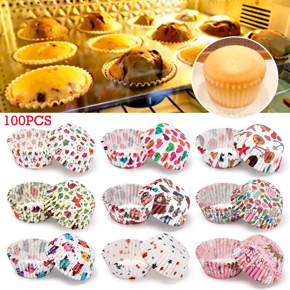Set 100 Cốc Giấy Làm Bánh Cupcake Hình Động Vật DIY Chống Dầu