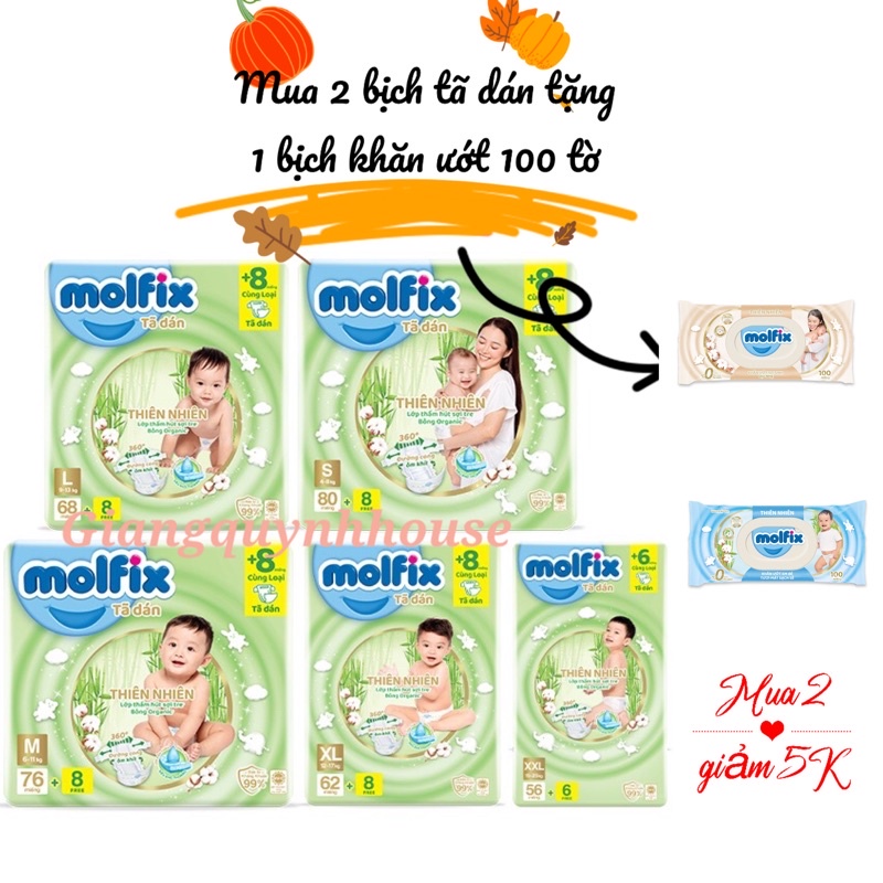 TÃ DÁN thiên nhiên Molfix Super Jumbo S80/M76/L68/XL62/XXL56 tặng 8 miếng