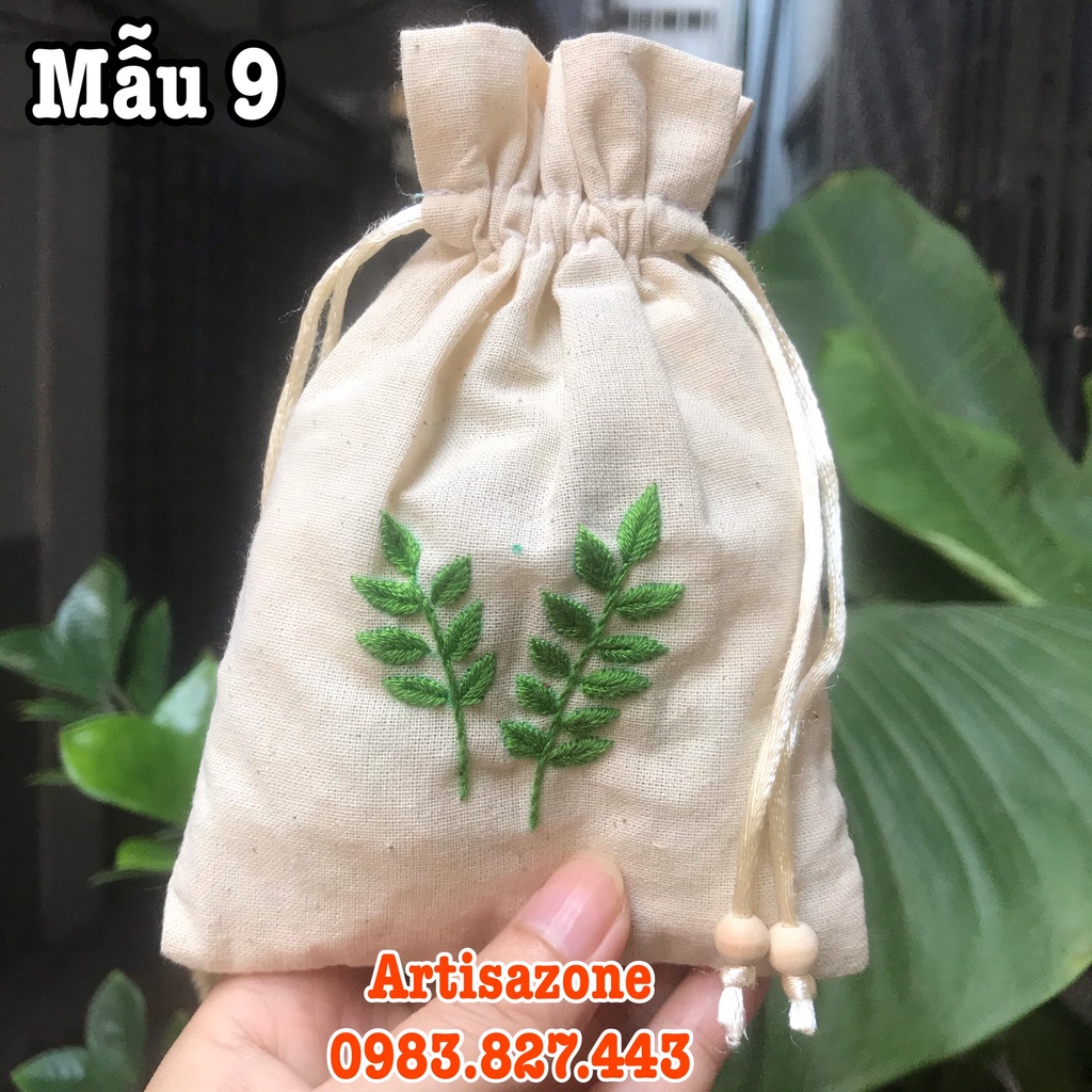 Túi vải dây rút thêu hoa mini, kích thước: 10cm x 15cm (Vải thô mộc) - 01 chiếc - (Đọc kỹ mô tả sản phẩm)