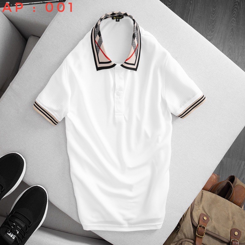 Áo Phông Nam Cổ Bẻ Cộc Tay Cổ Phối Họa Tiết Màu Trắng Phom Body Chất Liệu Cotton Co Giãn 4 Chiều Kiểu Dáng Trẻ