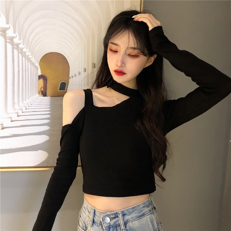 Áo thun SUXI tay dài trễ vai màu đen quyến rũ thời trang mùa thu cho nữ