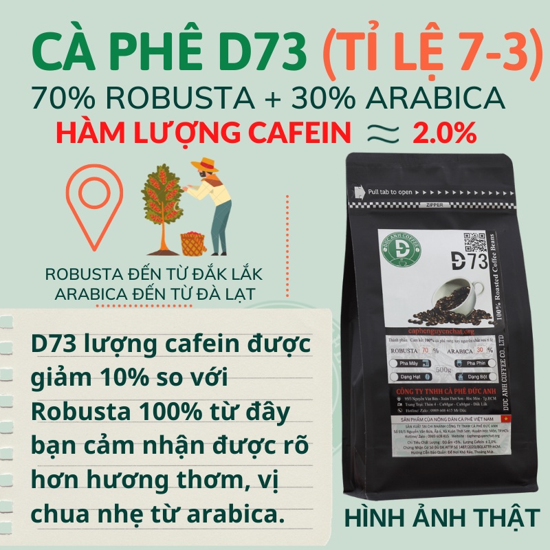 Cà Phê Rang Mộc D73 Thành Phần 70% Robusta + 30% Arabica Nguyên Chất Dùng Pha Máy, Pha Phin