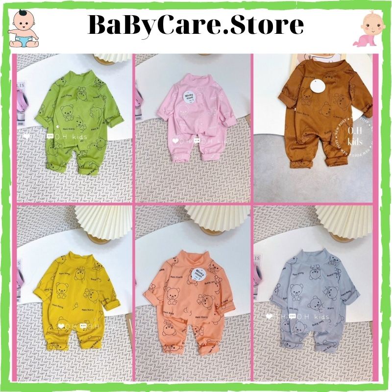 Sale! Bộ dài tay thun gân/len tăm hàng Minky mom chính hãng, họa tiết in gấu cổ trụ 3cm cho bé (5-18kg) (DT12)