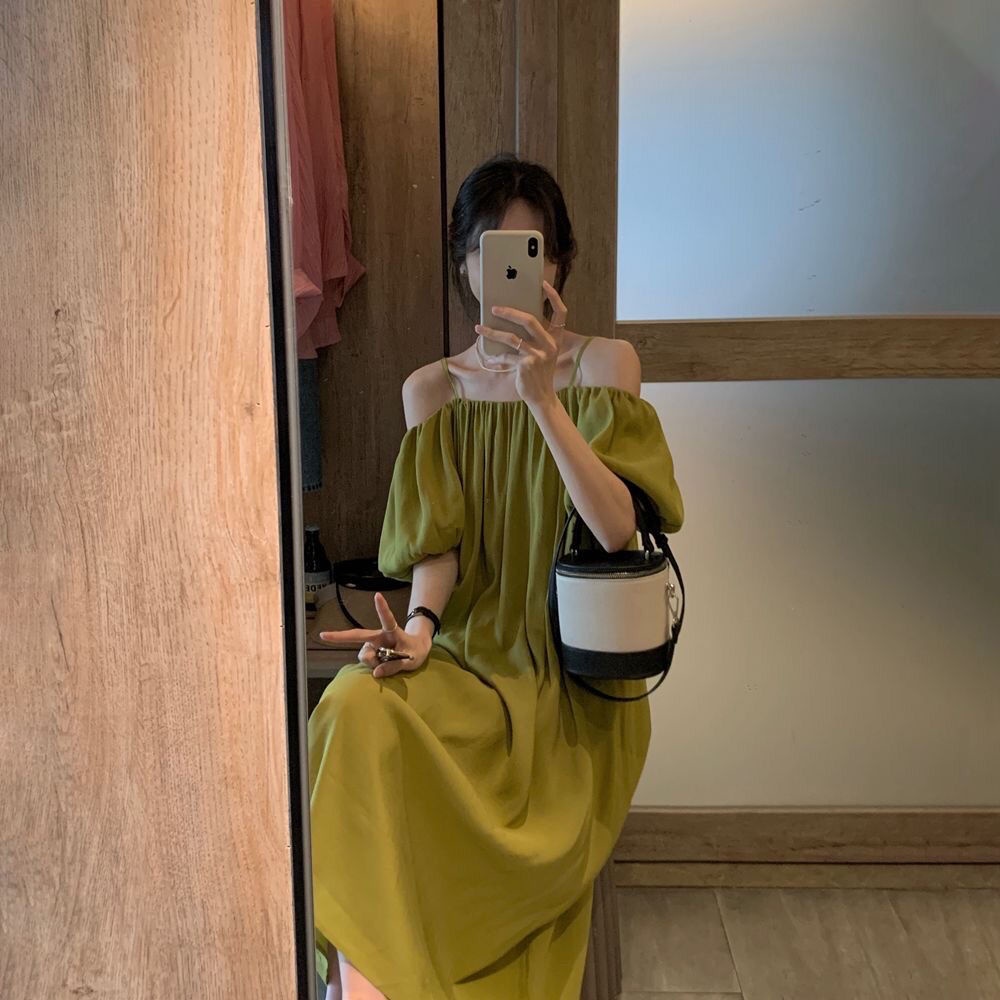 Đầm Hai Dây Dáng Rộng Màu Xanh Lá Mùa Hè Phong Cách Pháp Cổ Điển Thời Trang Cho Nữ