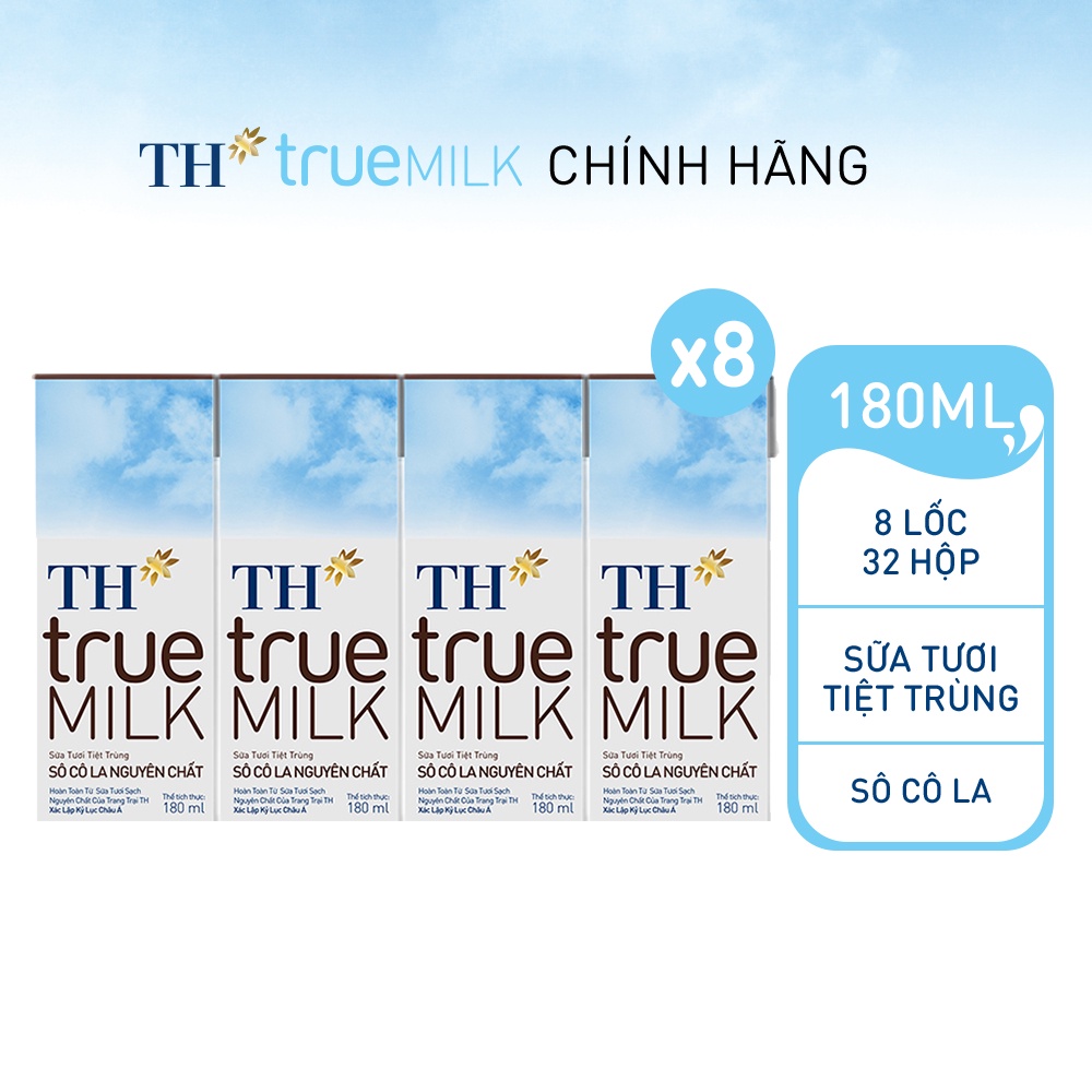 8 Lốc sữa tươi tiệt trùng sôcôla nguyên chất TH True Milk 180ml (180ml x 4 hộp)