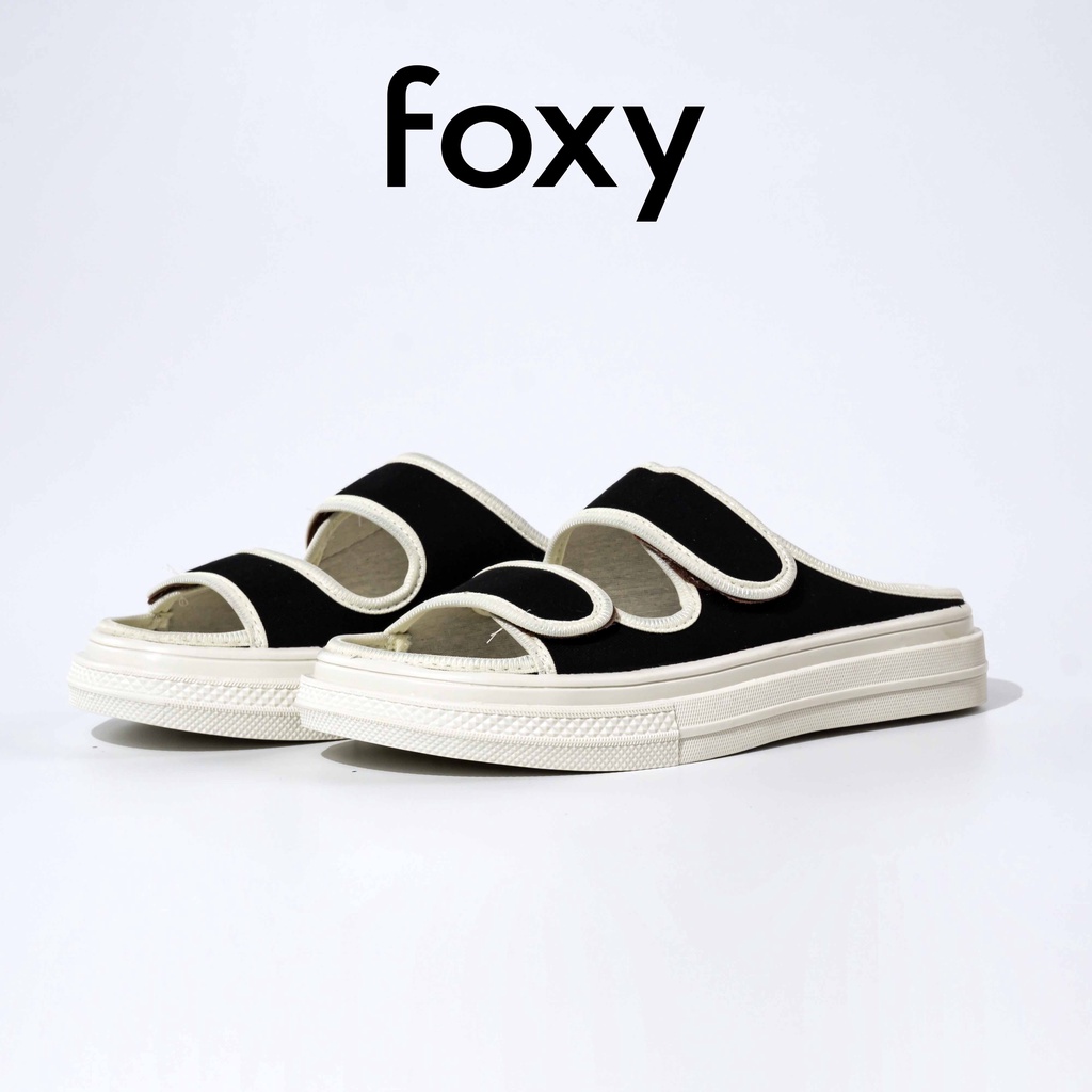 Dép sục nữ thể thao hở mũi quai dán ngang màu đen trắng basic đế cao 3cm Foxy - FOM009