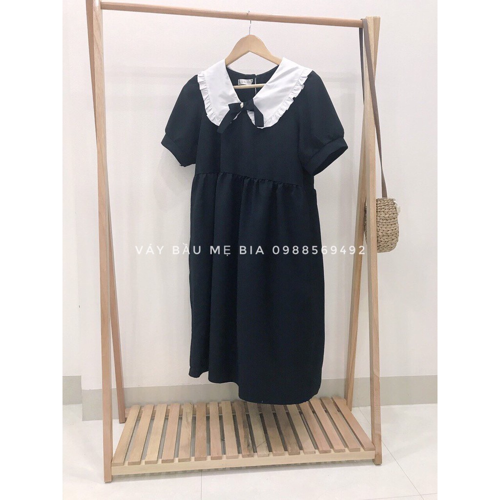 Váy Bầu Thiết Kế Bigsize Gume Đầm Bầu Babydoll Tiểu Thư Cổ Nhún Bèo Phối Nơ Chất Vải Sạn Lụa Cao Cấp Mặc Đi Chơi MB246