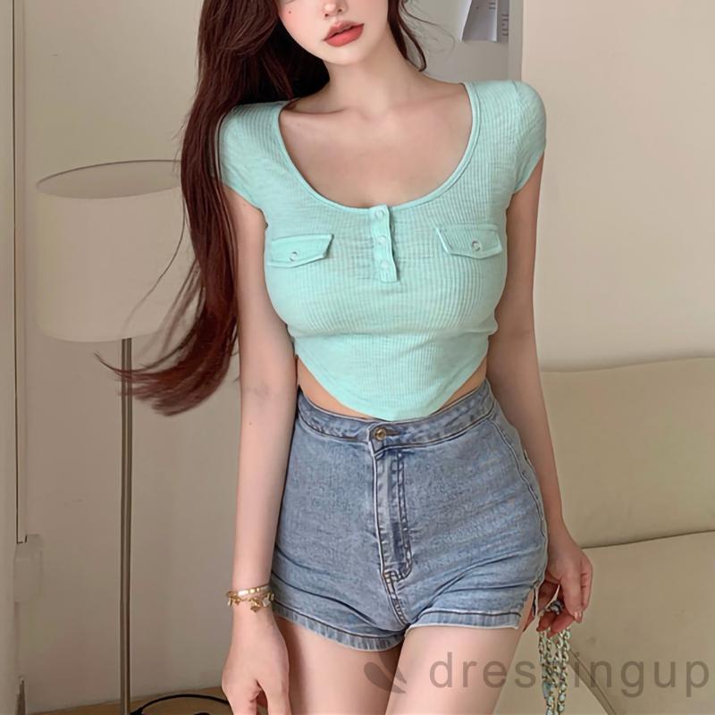 Áo Croptop Tay Ngắn Cổ Tròn Màu Sắc Đơn Giản Thời Trang Mùa Hè Cho Nữ