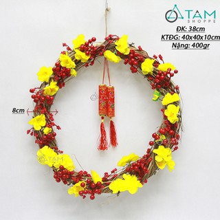 Vòng treo cửa Tết hoa mai xoáy trái đỏ ĐK 38cm T-VTC-18 TAN