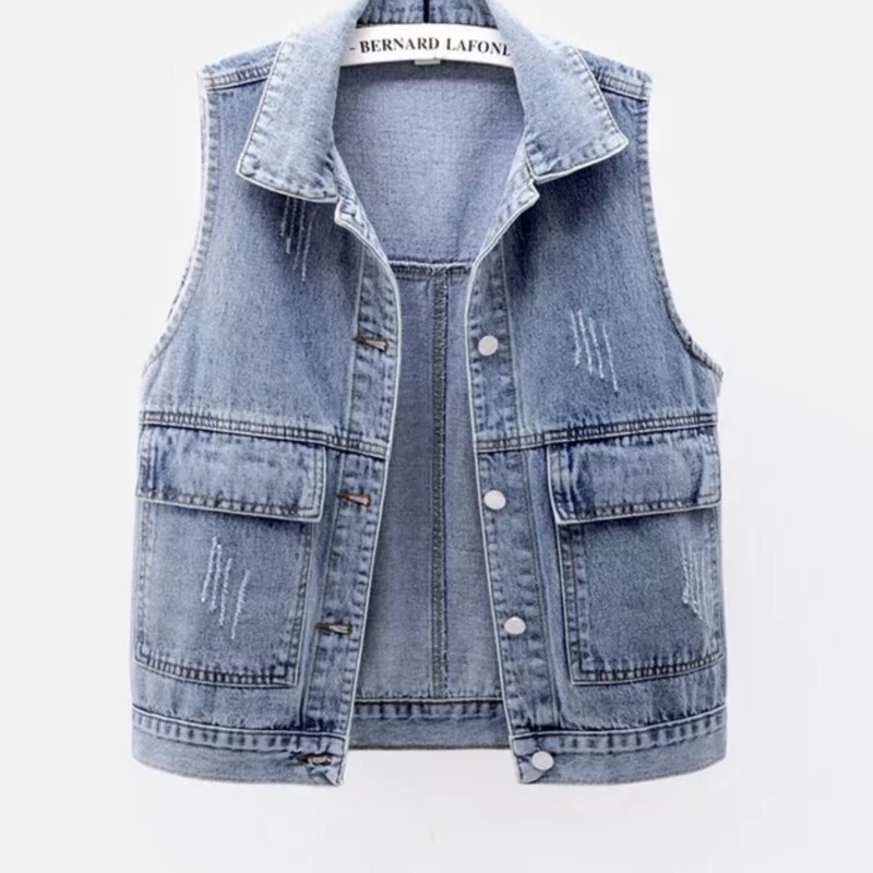Áo khoác denim RENJIANVSHENG 16584 sát nách phong cách Hàn Quốc retro thời trang