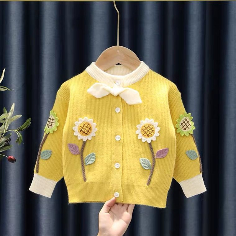 Áo Khoác Cardigan Dệt Kim Hoạ Tiết Hoa Hướng Dương Cho Bé Gái