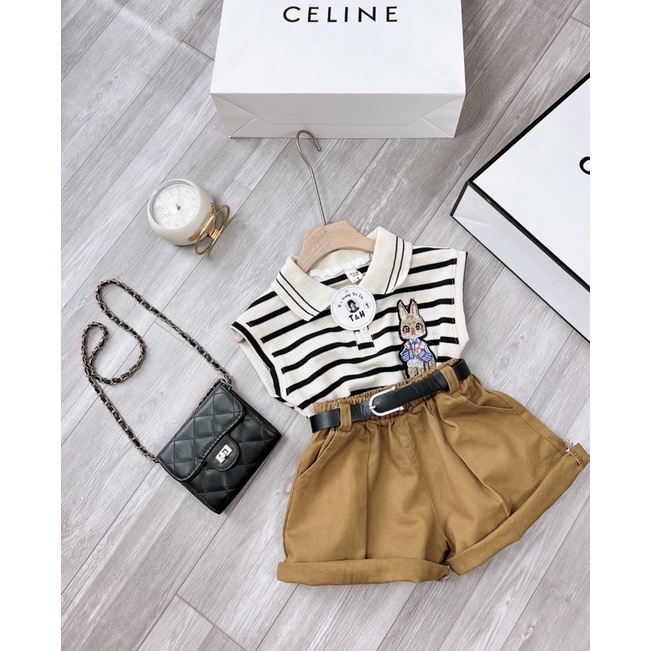 Set bộ bé gái, set áo len thỏ quần kaki kèm đai , sét áo kẻ cotton quần kaki kèm đai cho bé 8-28kg