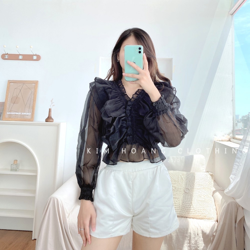 Áo sơ mi tiểu thư nữ croptop bèo nhún kiểu trễ vai tay bồng bánh bèo