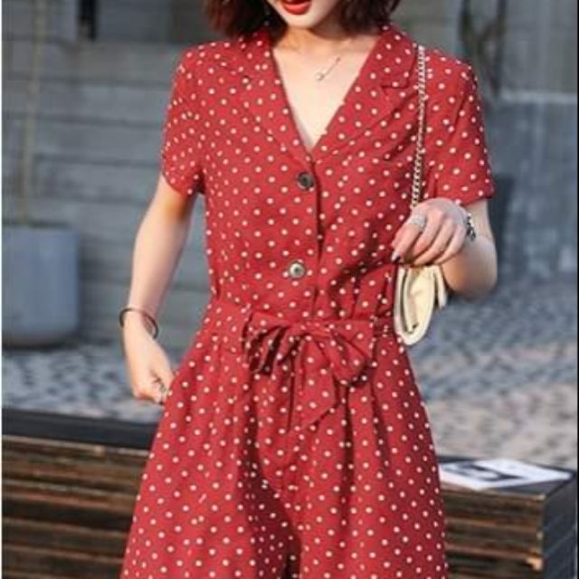 Bobeo050 jumsuit Chấm Bi Cổ Vest