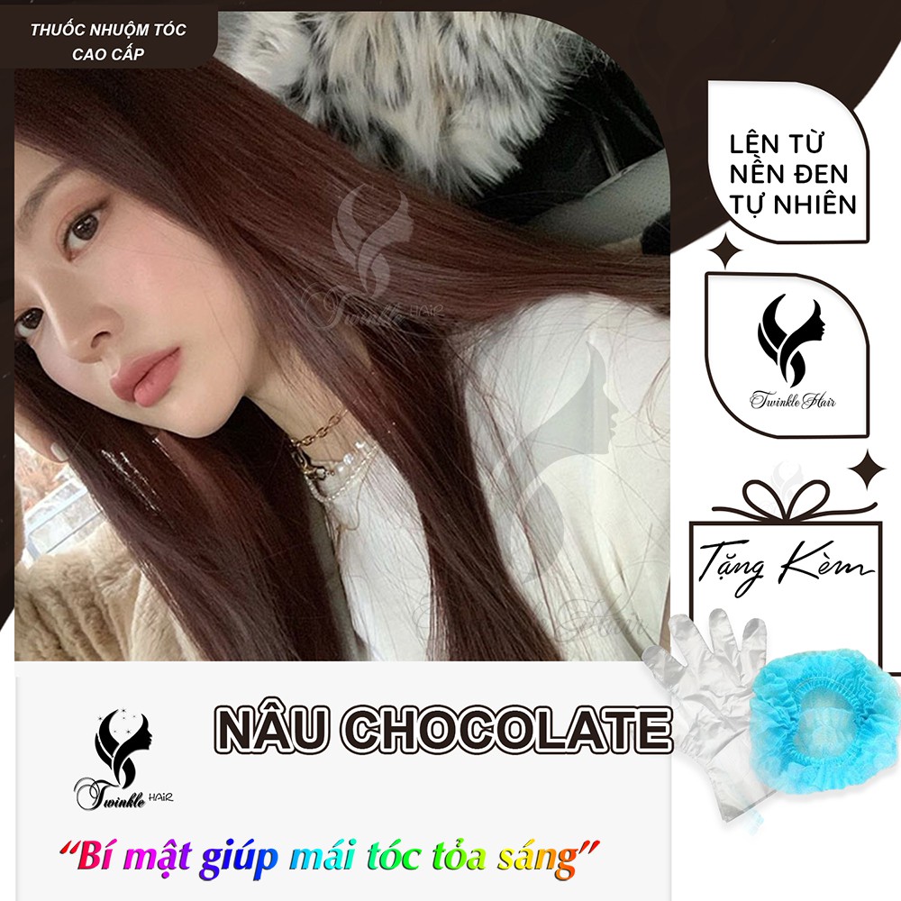 Thuốc nhuộm tóc màu NÂU CHOCOLATE của Twinkle Hair lên từ nền đen tự nhiên,tặng ngay trợ dưỡng