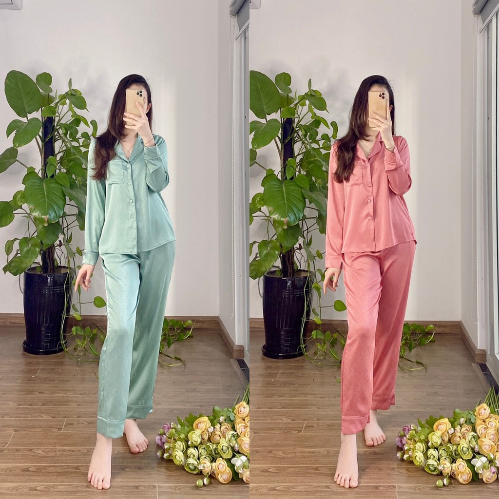 Bộ Pijama thu đông lụa gấm NOHK cao cấp mặc nhà họa tiết tách trà in chìm