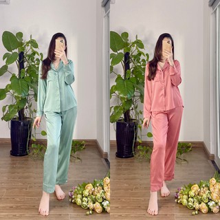 Bộ Pijama thu đông lụa gấm NOHK cao cấp mặc nhà họa tiết tách trà in chìm
