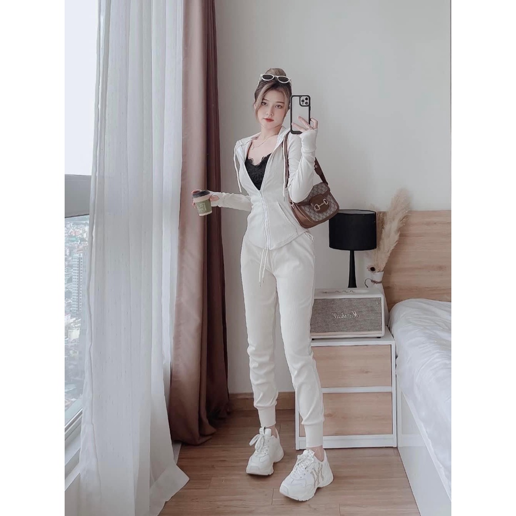 SET ÁO KHOÁC NÓN DÂY KÉO + QUẦN ỐNG TÚM LƯNG THUN 2 MÀU (TH)