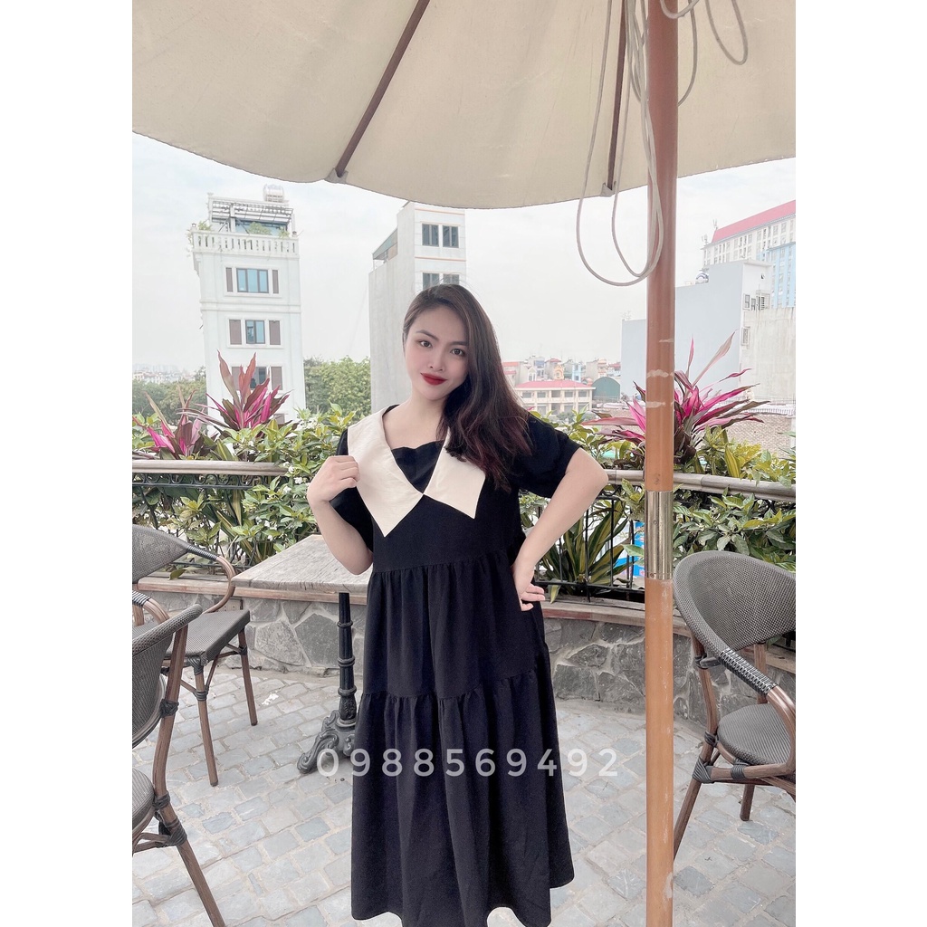Váy bầu bigsize 40-100kg Đầm bầu công sở ĐEN 3 TẦNG PHỐI CỔ BE TAM GIÁC MB222