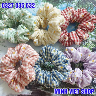 Cột Tóc Vải Scrunchies Kẻ Caro Hoa Cúc