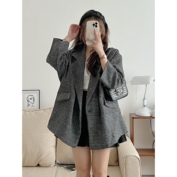 [Ảnh thật/Video]Áo khoác dạ kẻ nắp túi phong cách Ulzzang